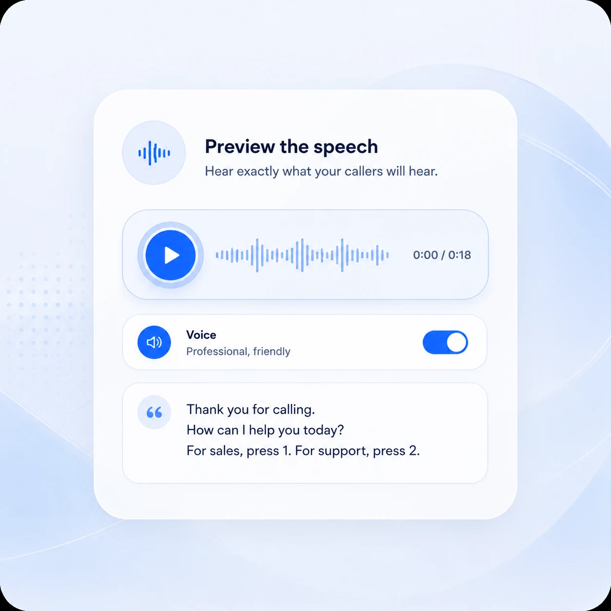Speech preview screen with greeting controls