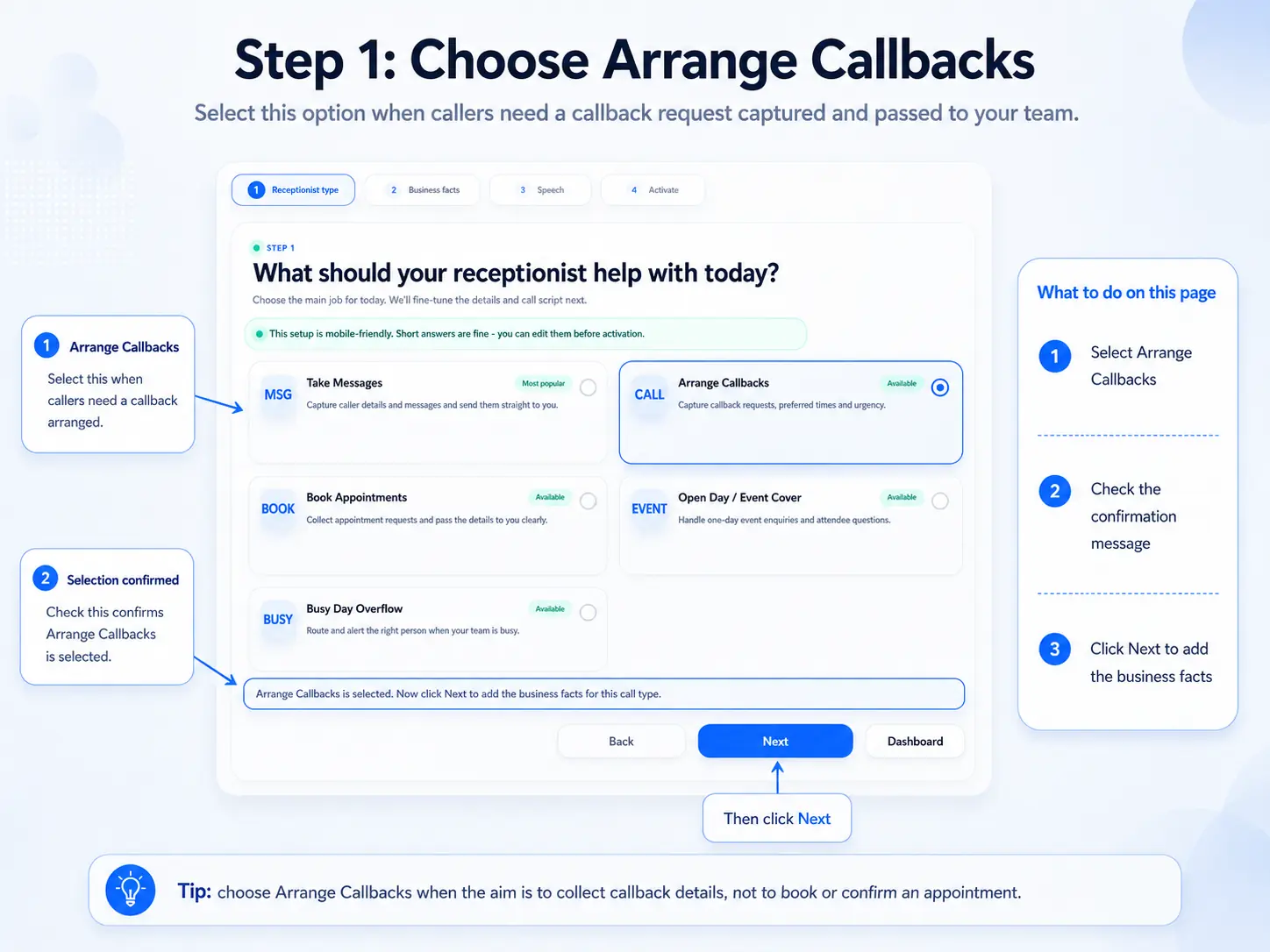 Arrange Callbacks setup guide slide 1
