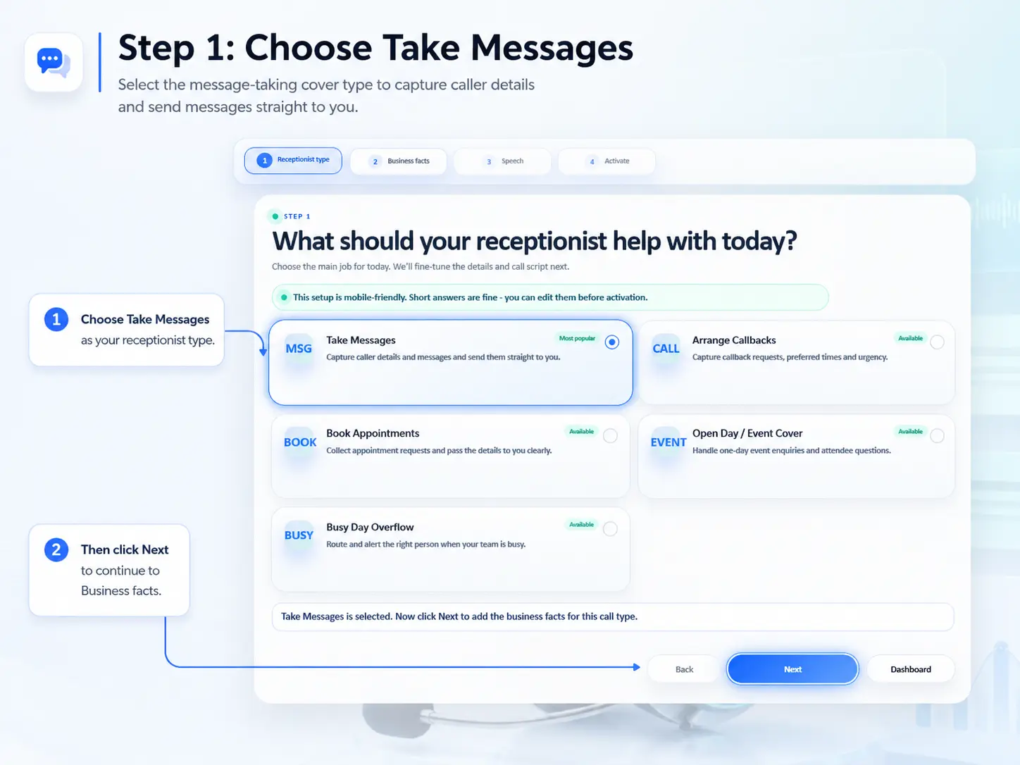 Take Messages setup guide slide 1